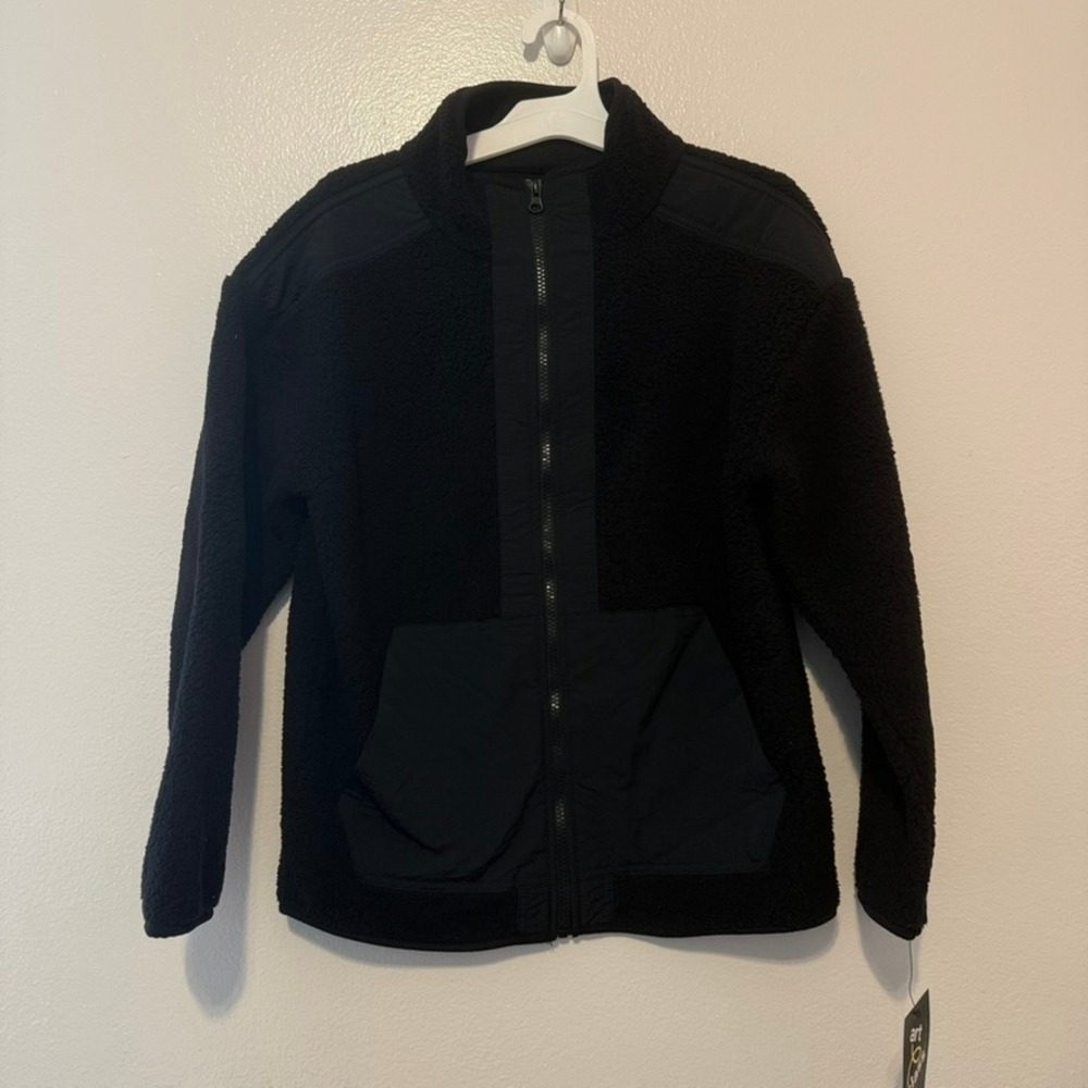 Art Class Boys Sherpa Full Zip Jacket Black Mixed Media Fleece Large 10/12 NWT